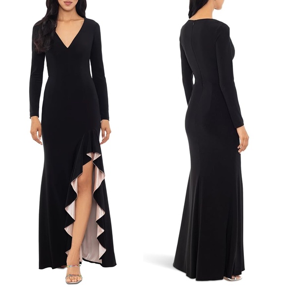 NEW XSCAPE Black Jersey LONG-SLEEVE Draped RUFFLE Contrast-Slit EVENING GOWN - Picture 1 of 10